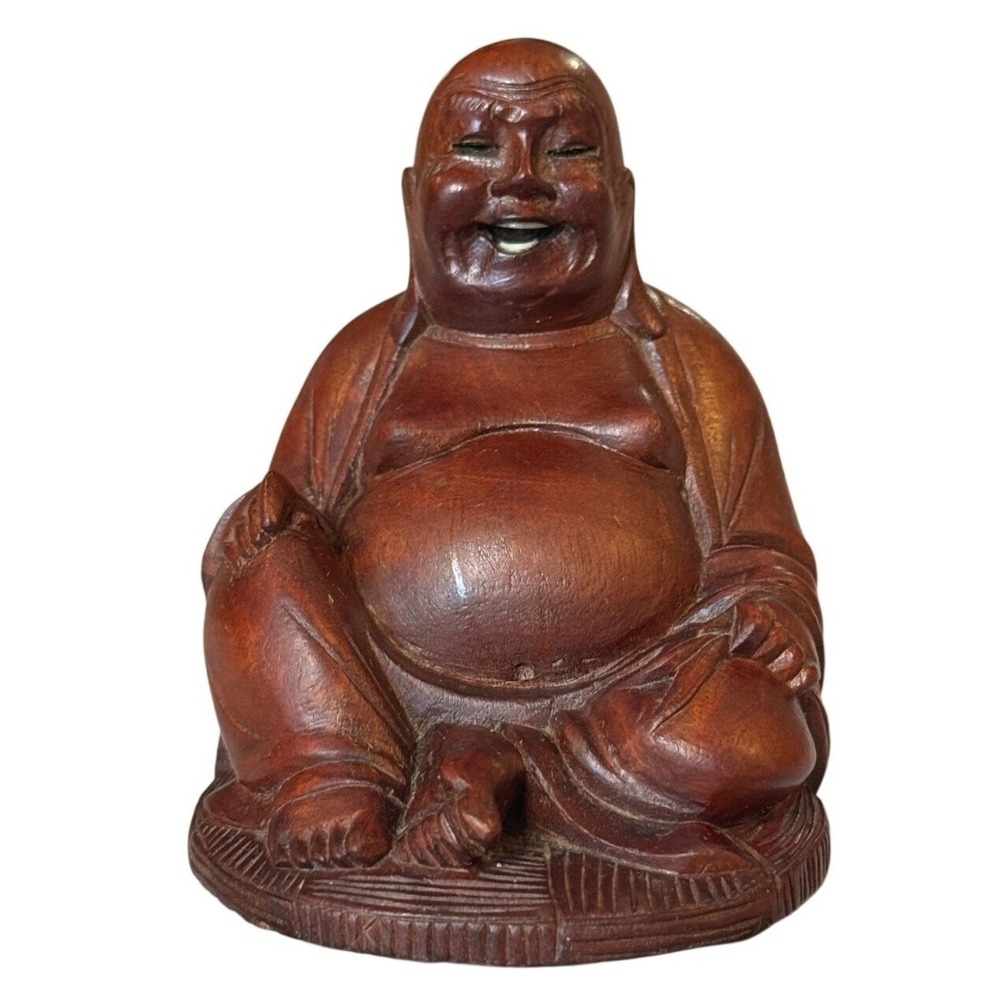 Vintage Carved Wood Laughing Buddha Statue 3" Hong Kong Asian Decor Figurine